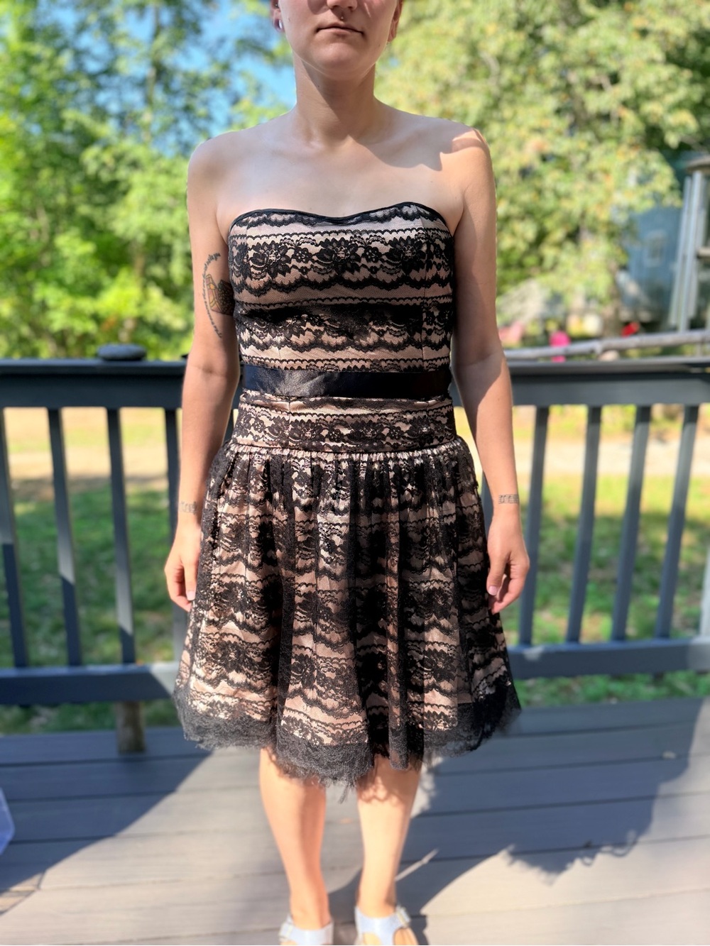 Vintage Jessica McClintock for Gunne Sax Black w/ Nude Strapless Lace Midi Dress